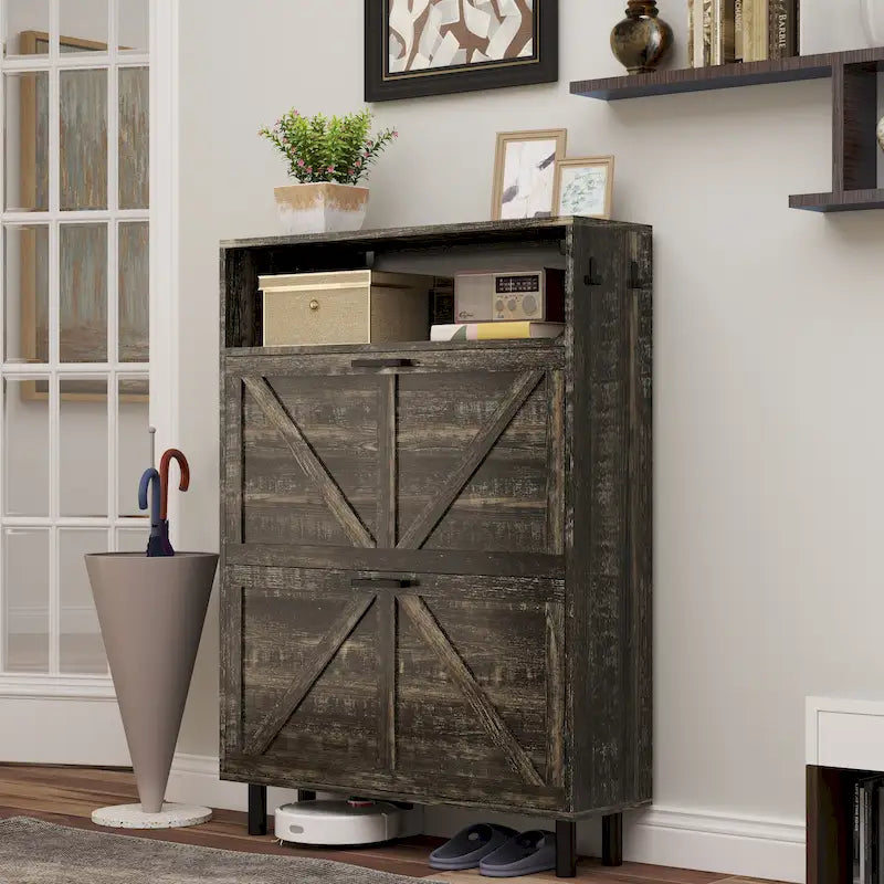 Schuhschrank im Landhausstil mit Scheunentür-Design, Schuh-Organizer mit 2 Klappschubladen, freistehender schmaler Schuhregalschrank