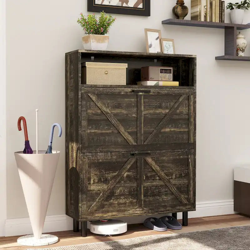 Schuhschrank im Landhausstil mit Scheunentür-Design, Schuh-Organizer mit 2 Klappschubladen, freistehender schmaler Schuhregalschrank