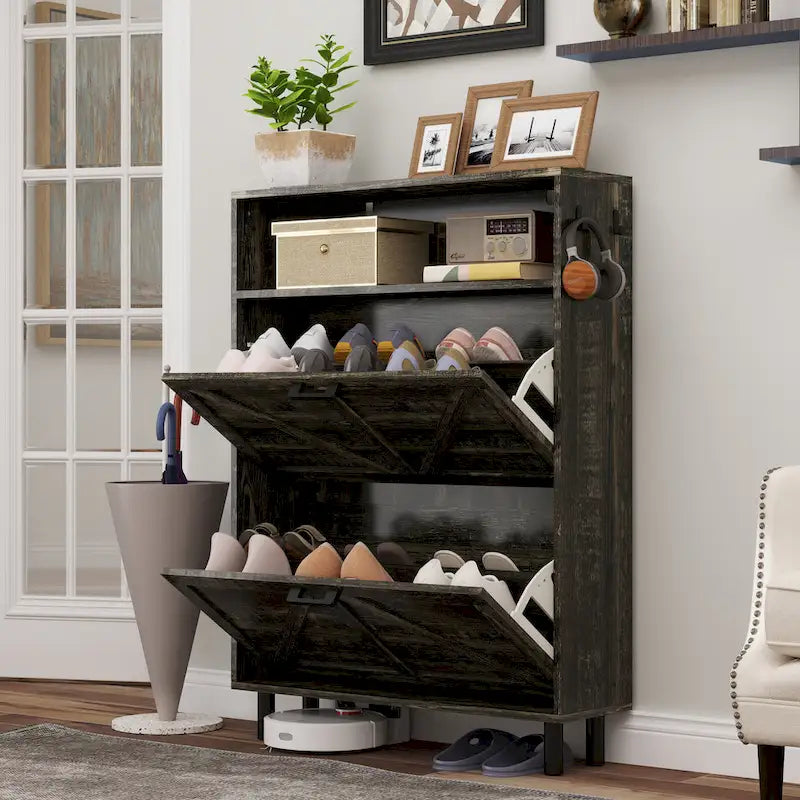 Schuhschrank im Landhausstil mit Scheunentür-Design, Schuh-Organizer mit 2 Klappschubladen, freistehender schmaler Schuhregalschrank
