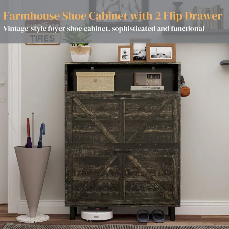 Schuhschrank im Landhausstil mit Scheunentür-Design, Schuh-Organizer mit 2 Klappschubladen, freistehender schmaler Schuhregalschrank