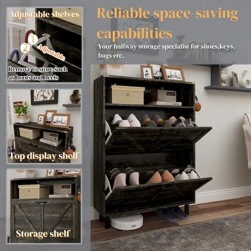 Schuhschrank im Landhausstil mit Scheunentür-Design, Schuh-Organizer mit 2 Klappschubladen, freistehender schmaler Schuhregalschrank