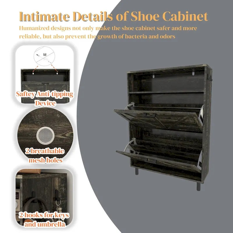 Schuhschrank im Landhausstil mit Scheunentür-Design, Schuh-Organizer mit 2 Klappschubladen, freistehender schmaler Schuhregalschrank