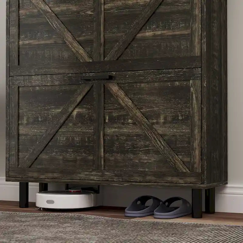 Schuhschrank im Landhausstil mit Scheunentür-Design, Schuh-Organizer mit 2 Klappschubladen, freistehender schmaler Schuhregalschrank