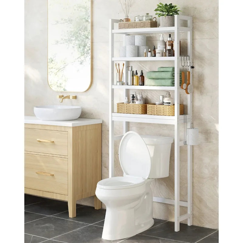 Hoher freistehender Weidenkorb-Organizer mit 3 Ebenen zur Aufbewahrung über der Toilette und 3 höhenverstellbaren mittleren Ablagen