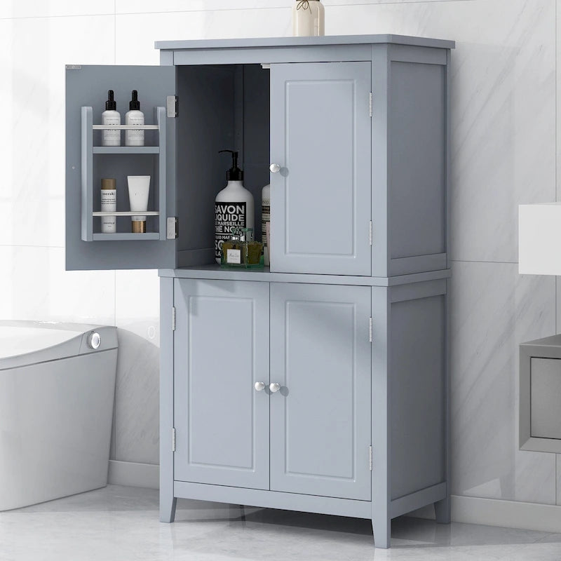 Elegante armario de suelo para almacenamiento de baño, mueble de almacenamiento para baño, armario independiente con 4 puertas y estantes ajustables