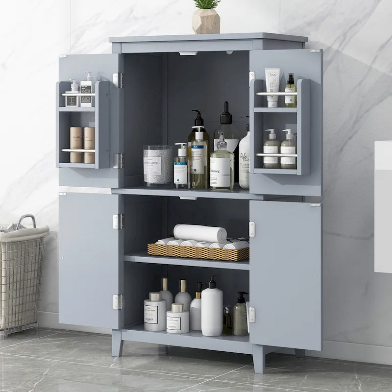 Elegante armario de suelo para almacenamiento de baño, mueble de almacenamiento para baño, armario independiente con 4 puertas y estantes ajustables