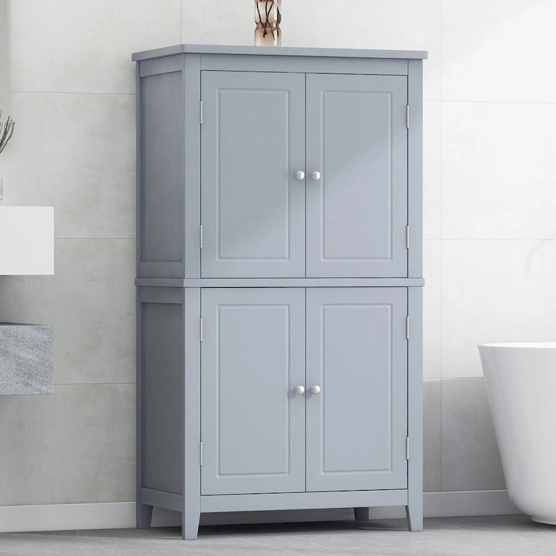 Elegante armario de suelo para almacenamiento de baño, mueble de almacenamiento para baño, armario independiente con 4 puertas y estantes ajustables