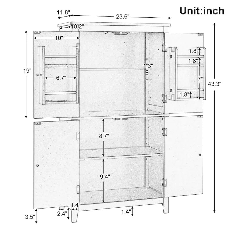 Elegante armario de suelo para almacenamiento de baño, mueble de almacenamiento para baño, armario independiente con 4 puertas y estantes ajustables