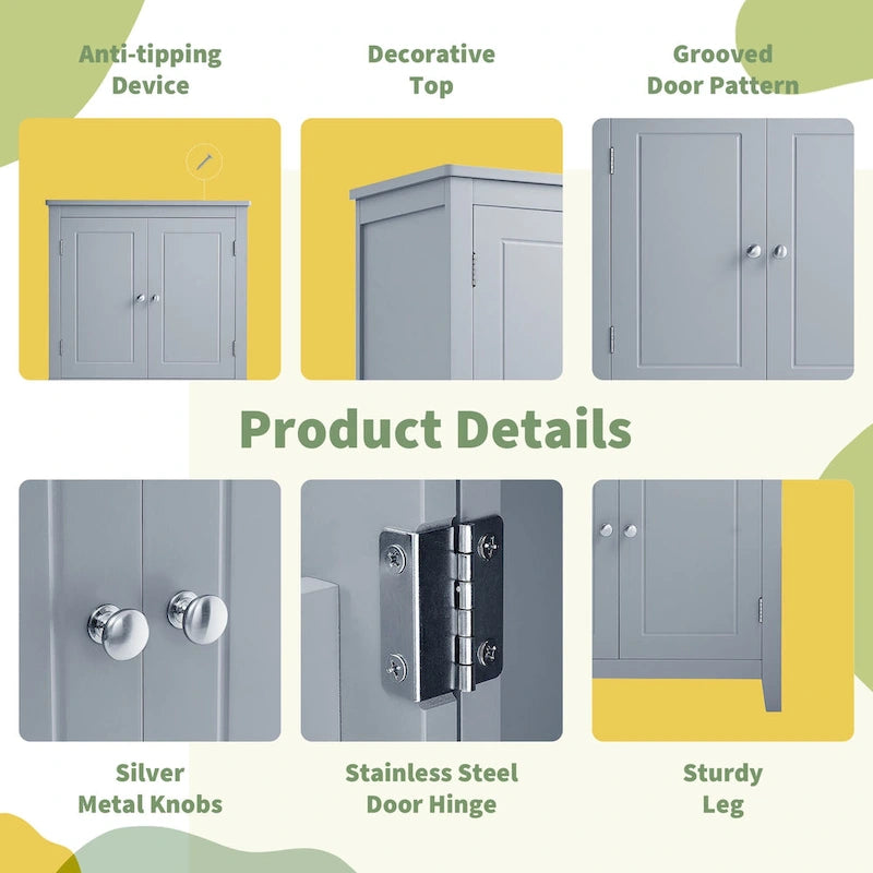 Elegante armario de suelo para almacenamiento de baño, mueble de almacenamiento para baño, armario independiente con 4 puertas y estantes ajustables