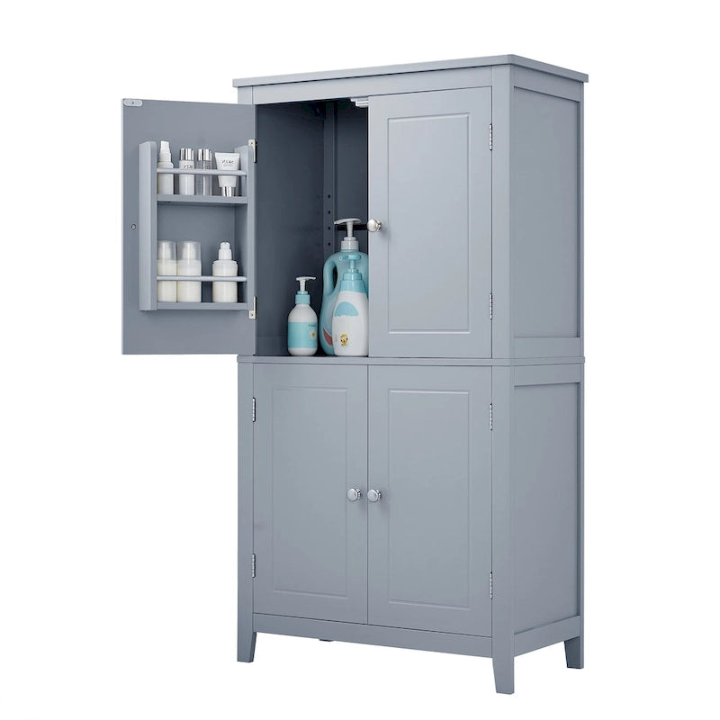 Elegante armario de suelo para almacenamiento de baño, mueble de almacenamiento para baño, armario independiente con 4 puertas y estantes ajustables