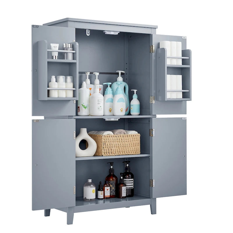 Elegante armario de suelo para almacenamiento de baño, mueble de almacenamiento para baño, armario independiente con 4 puertas y estantes ajustables
