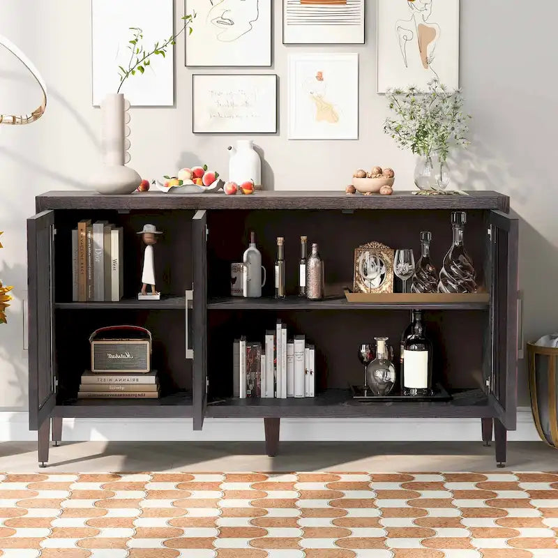 Modern Wood Storage Cabinet with Three Tempered Glass Doors and Adjustable Shelf