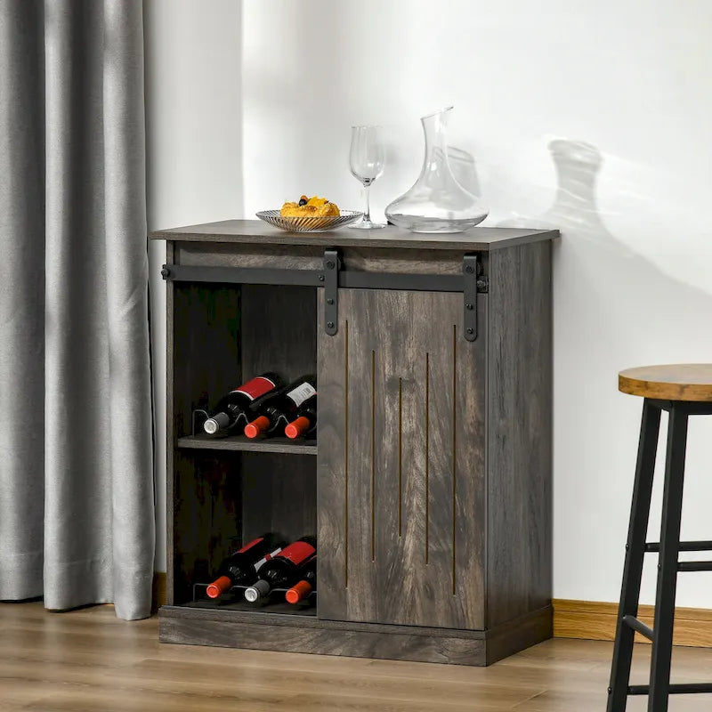 HOMCOM Industrial Sideboard Storage Cabinet, Serving Bar Buffet with Sliding Barn Door and 6-Bottle Wine Rack