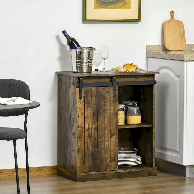 Sideboard im Industriestil mit Schiebetür im Scheunenstil und Weinregal für 6 Flaschen