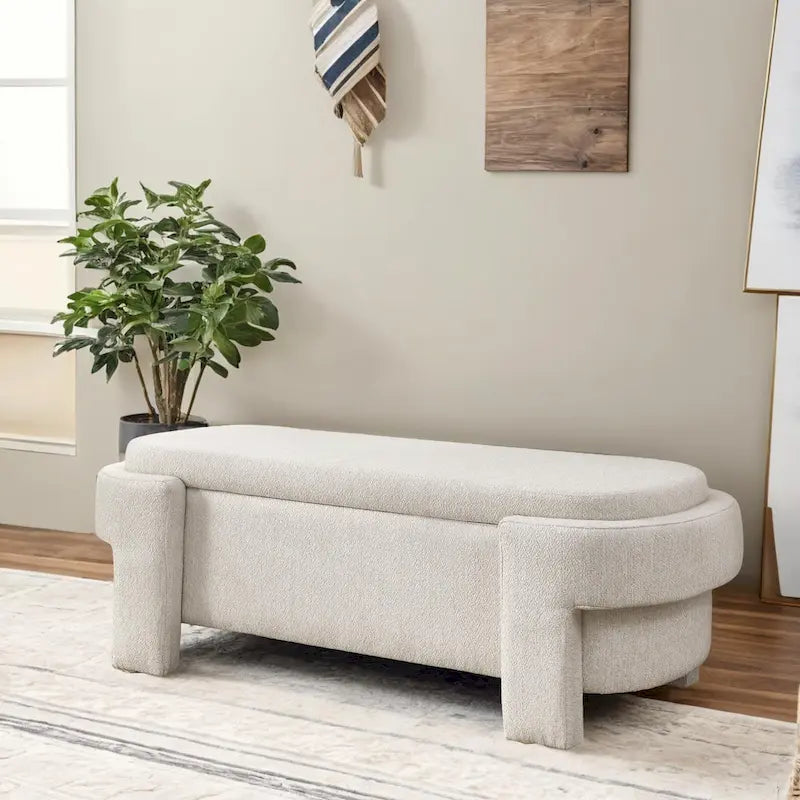 Banco de almacenamiento tapizado en lino con patas de madera torneada - 51.5 pulgadas