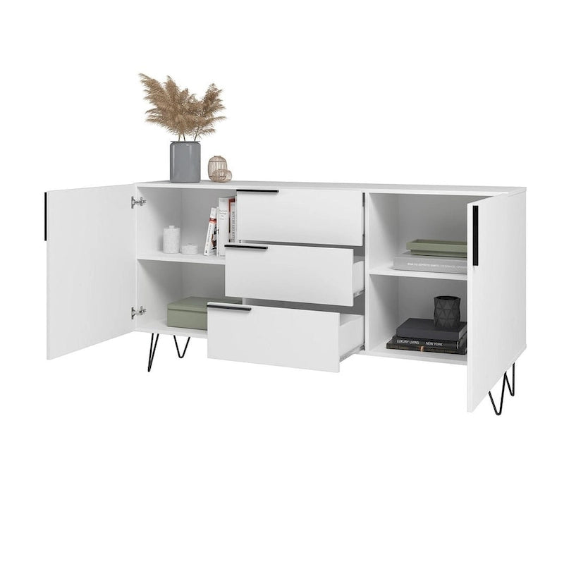 Buffet mid-century de 63 pouces avec 3 tiroirs et 4 étagères
