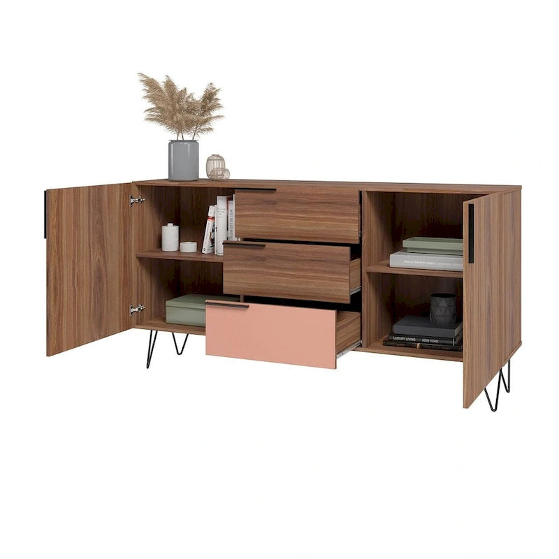 Buffet mid-century de 63 pouces avec 3 tiroirs et 4 étagères