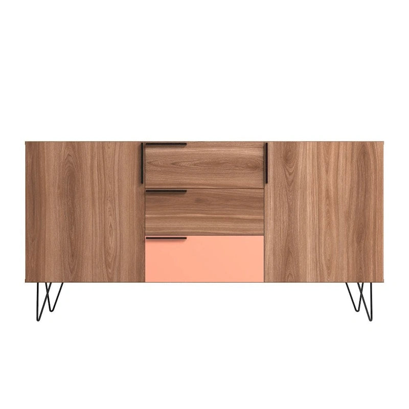Buffet mid-century de 63 pouces avec 3 tiroirs et 4 étagères
