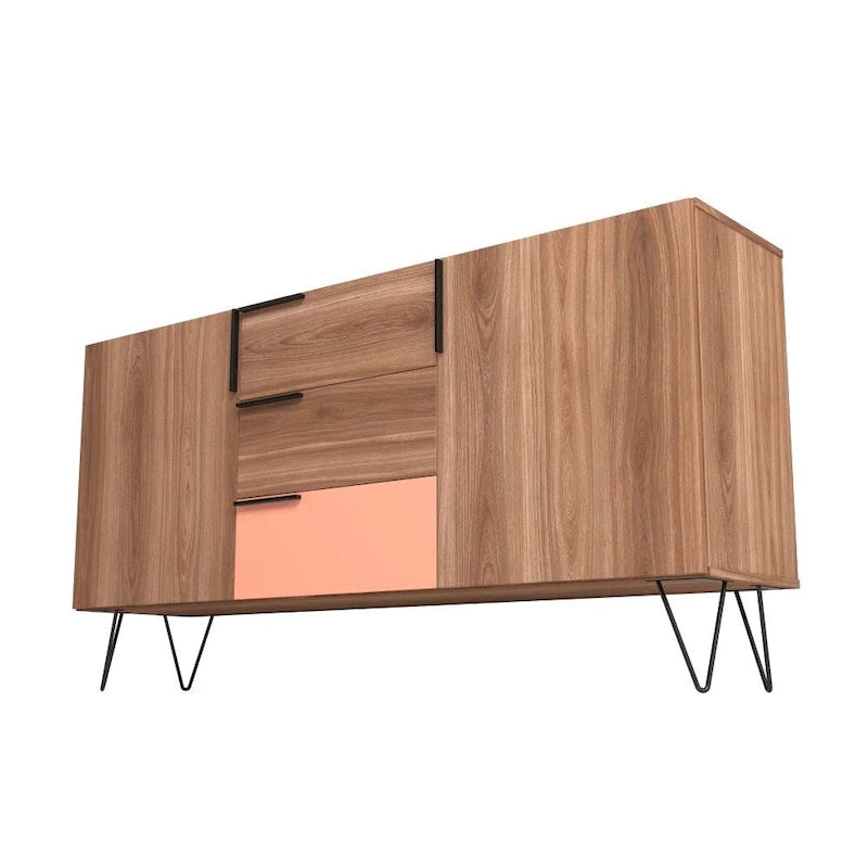 Buffet mid-century de 63 pouces avec 3 tiroirs et 4 étagères