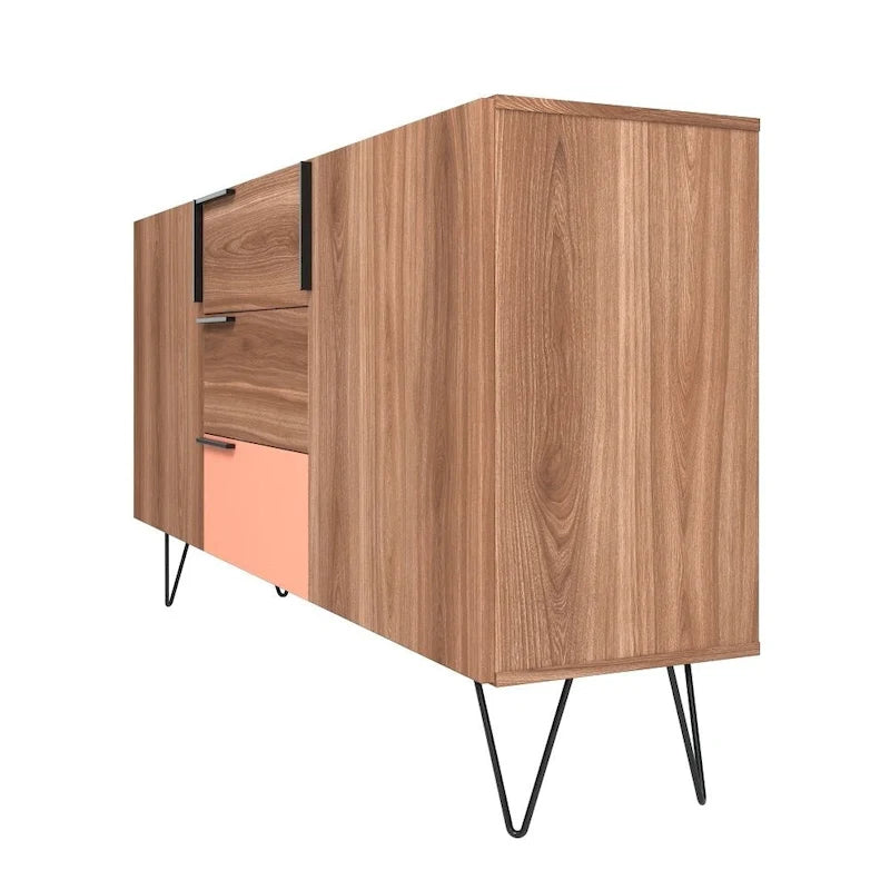 Buffet mid-century de 63 pouces avec 3 tiroirs et 4 étagères