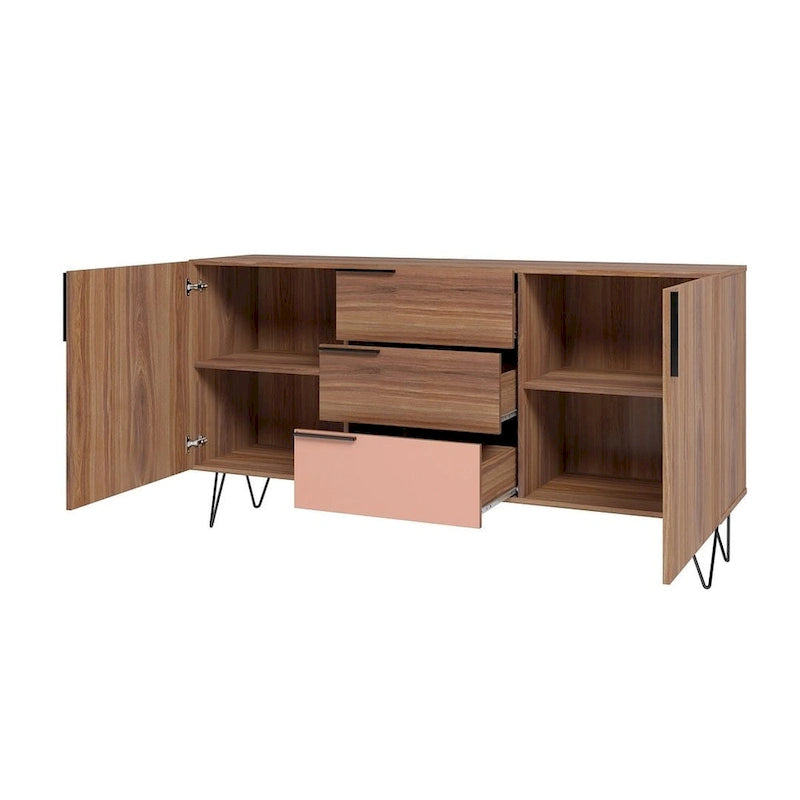 Buffet mid-century de 63 pouces avec 3 tiroirs et 4 étagères
