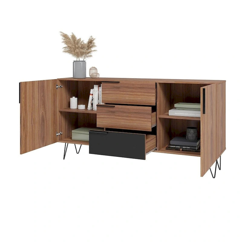 Buffet mid-century de 63 pouces avec 3 tiroirs et 4 étagères