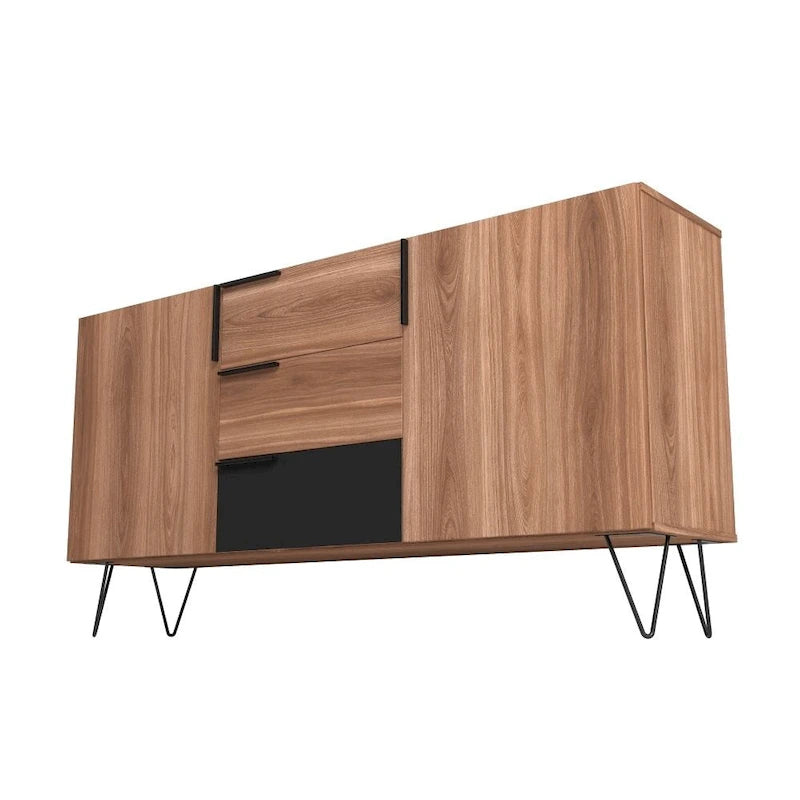 Buffet mid-century de 63 pouces avec 3 tiroirs et 4 étagères