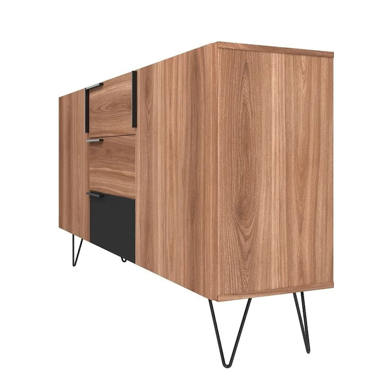 Buffet mid-century de 63 pouces avec 3 tiroirs et 4 étagères