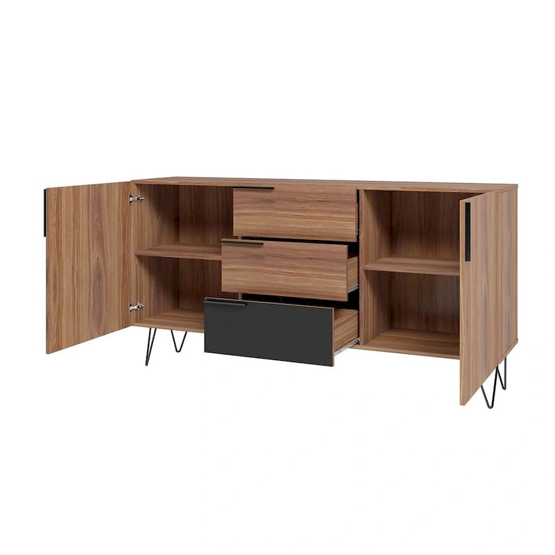 Buffet mid-century de 63 pouces avec 3 tiroirs et 4 étagères