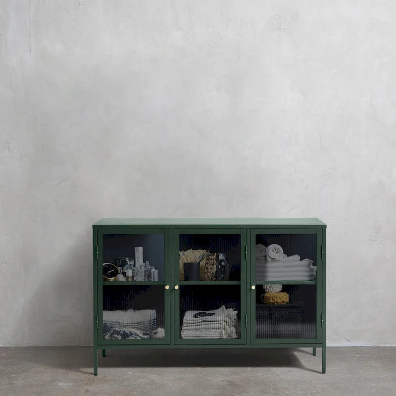 Modernes Sideboard aus Metall und geriffeltem Glas mit 3 Türen