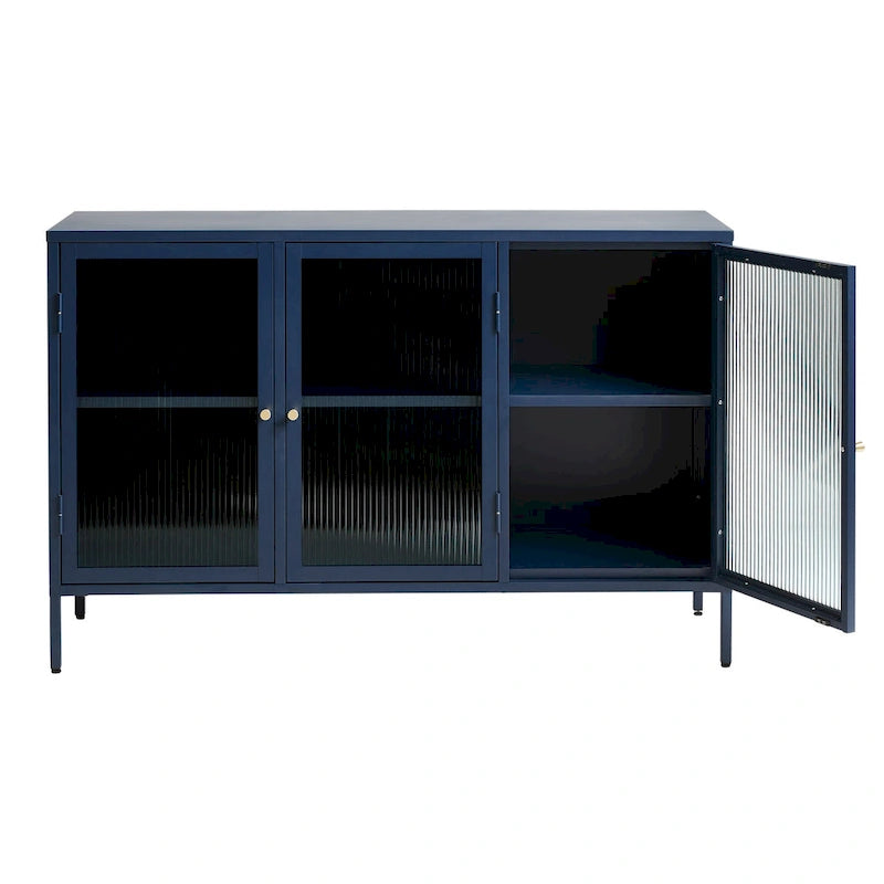 Modernes Sideboard aus Metall und geriffeltem Glas mit 3 Türen