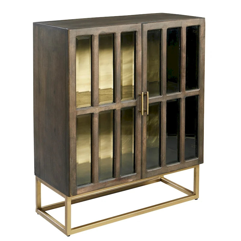 Armario de madera de mango con 2 puertas, vidrio biselado y detalles de latón