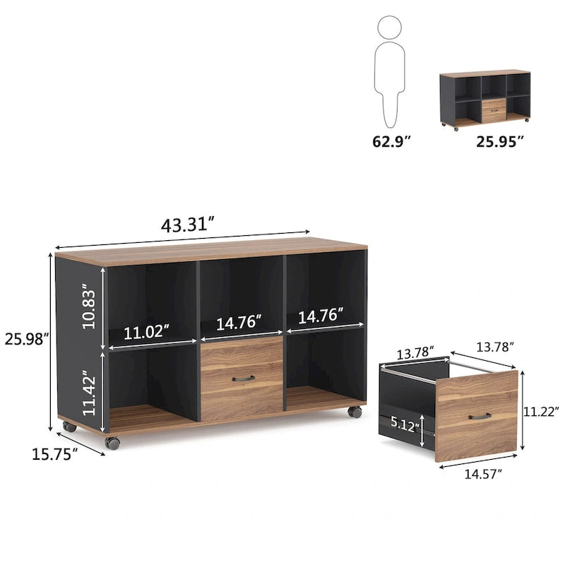 Classeur latéral mobile à 2 tiroirs de 43 pouces, meuble porte-imprimante de bureau