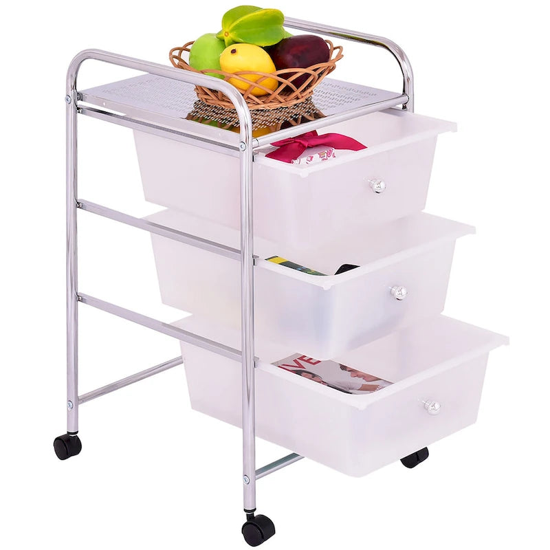Carrito de almacenamiento rodante blanco de 3 cajones con estructura de acero