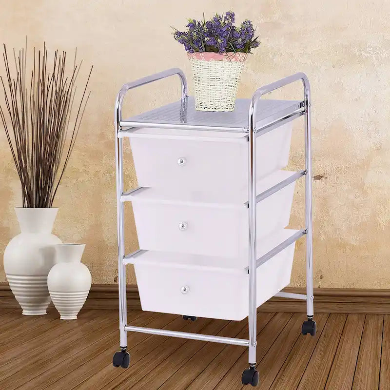 Carrito de almacenamiento rodante blanco de 3 cajones con estructura de acero