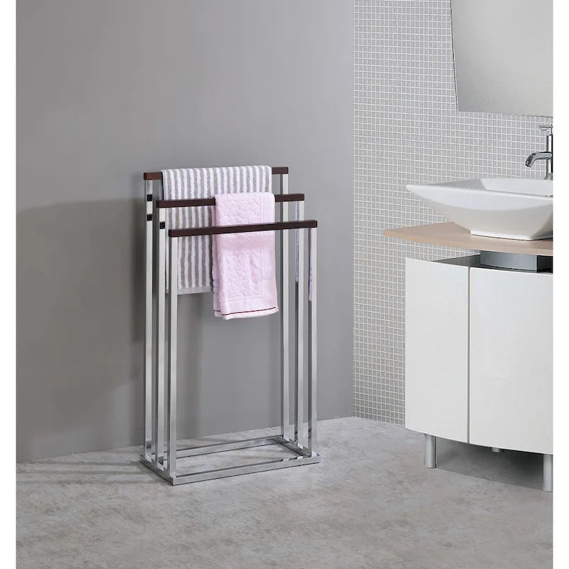 Chrome Metal/Walnut Wood Freestanding Towel Rack Stand