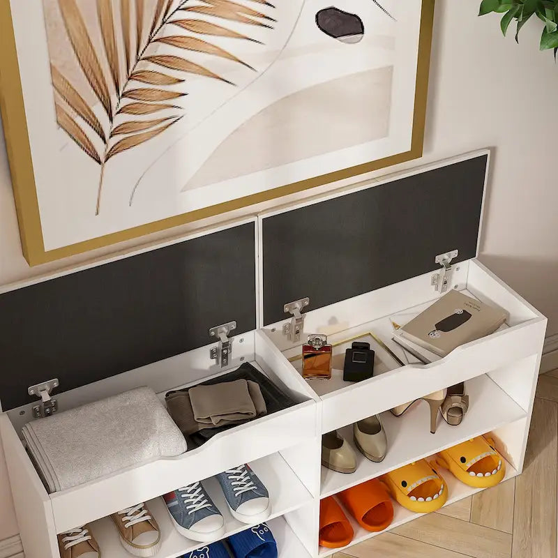 Wood Shoe Storage Bench with Cushioned Seat and Hidden Compartment