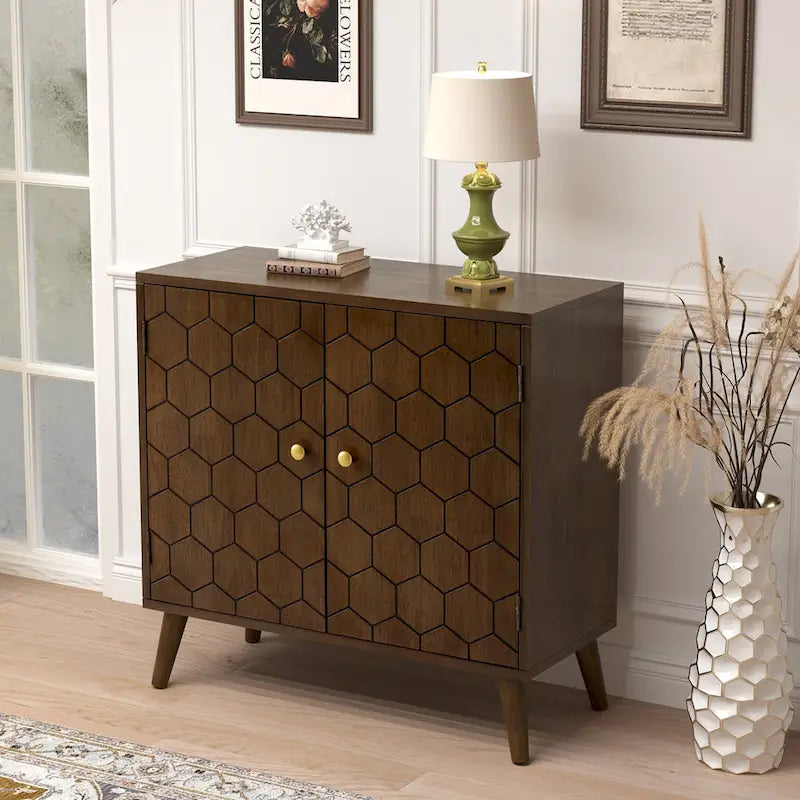 COSIEST Dark Brown Farmhouse Storage Cabinet with Honeycomb Pattern
