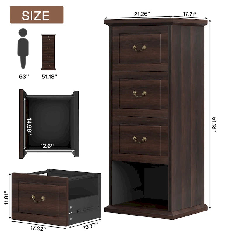 Archivador de 4 cajones para tamaño A4/carta, archivador vertical de madera para oficina en casa