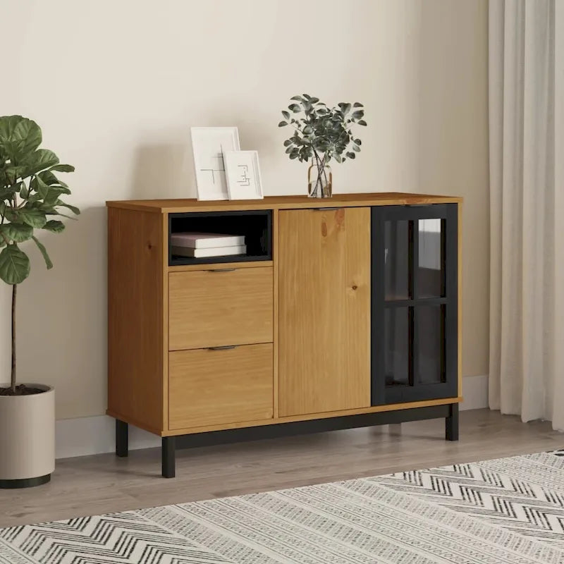Sideboard aus massivem Kiefernholz mit Glastür und Schubladen