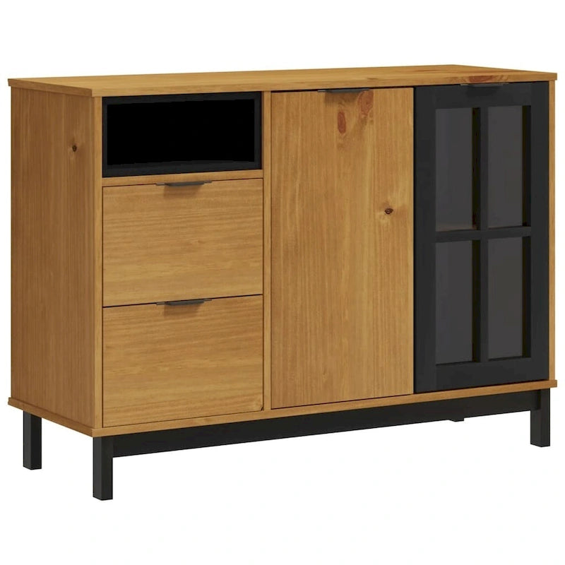 Sideboard aus massivem Kiefernholz mit Glastür und Schubladen
