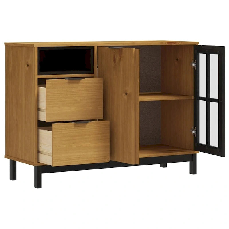 Sideboard aus massivem Kiefernholz mit Glastür und Schubladen