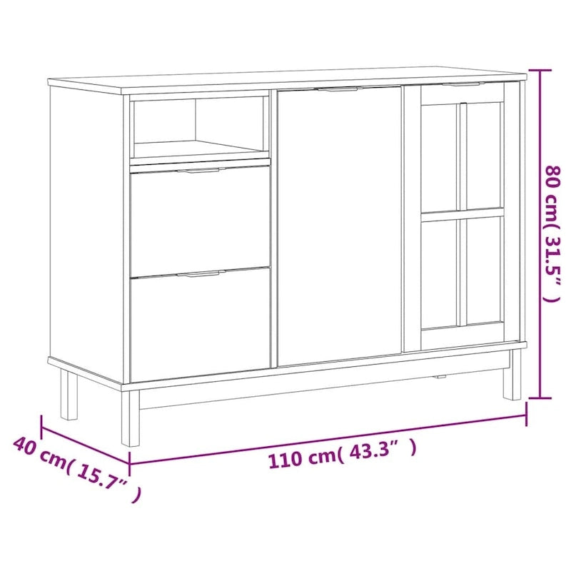 Sideboard aus massivem Kiefernholz mit Glastür und Schubladen