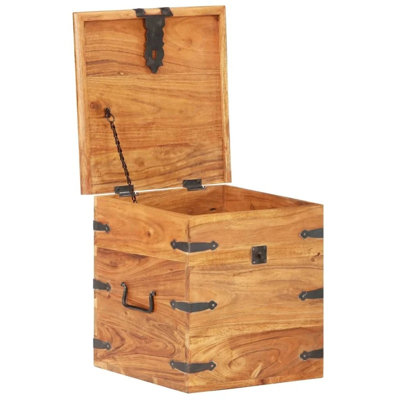 Baúl de almacenamiento de madera maciza de acacia con herrajes de hierro - cubo de 15.7 pulgadas