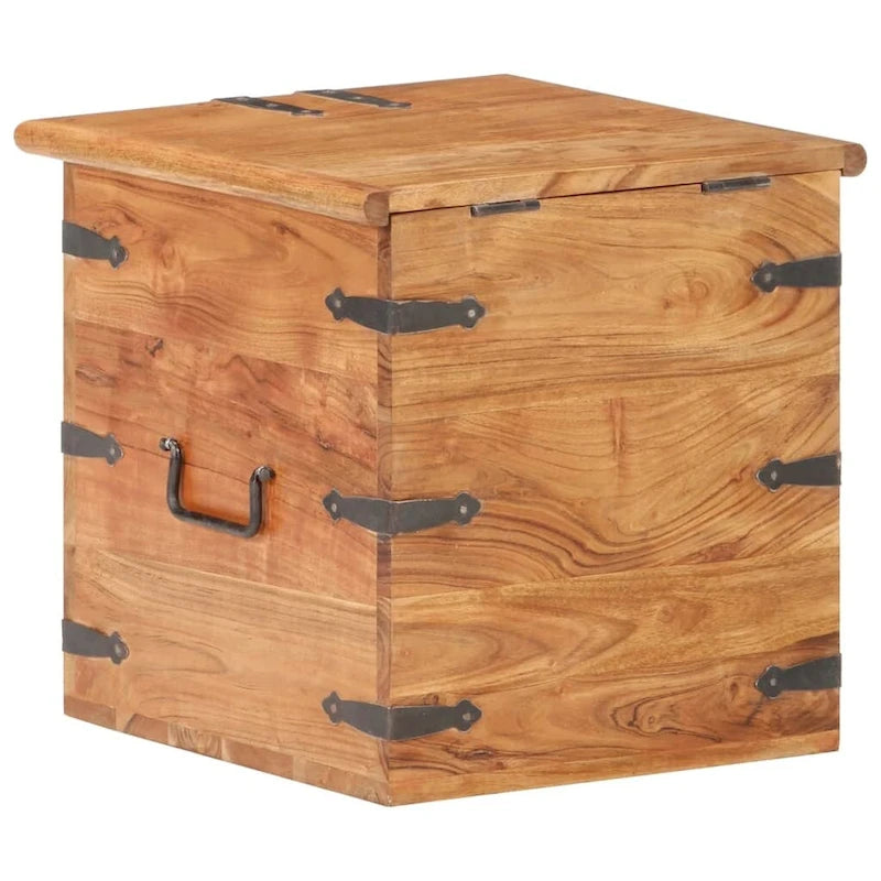 Baúl de almacenamiento de madera maciza de acacia con herrajes de hierro - cubo de 15.7 pulgadas