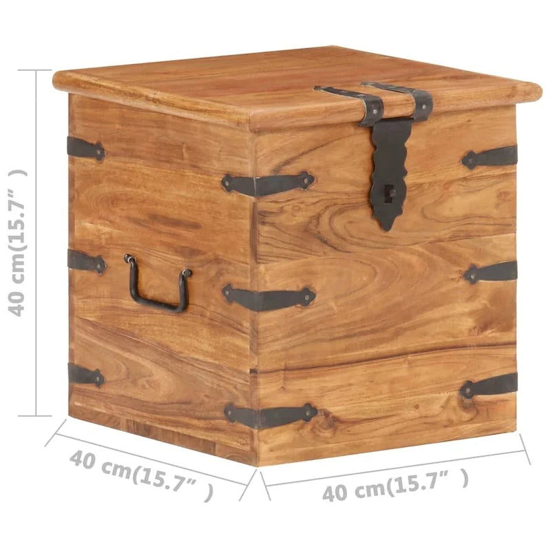 Baúl de almacenamiento de madera maciza de acacia con herrajes de hierro - cubo de 15.7 pulgadas