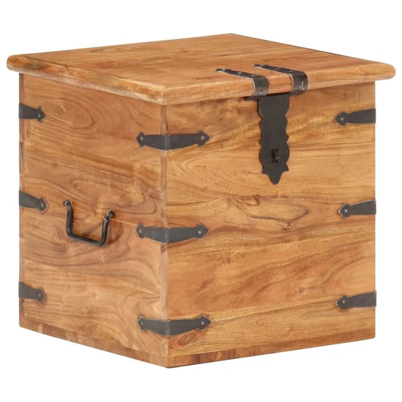 Baúl de almacenamiento de madera maciza de acacia con herrajes de hierro - cubo de 15.7 pulgadas