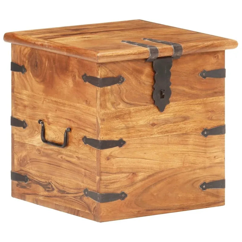Baúl de almacenamiento de madera maciza de acacia con herrajes de hierro - cubo de 15.7 pulgadas
