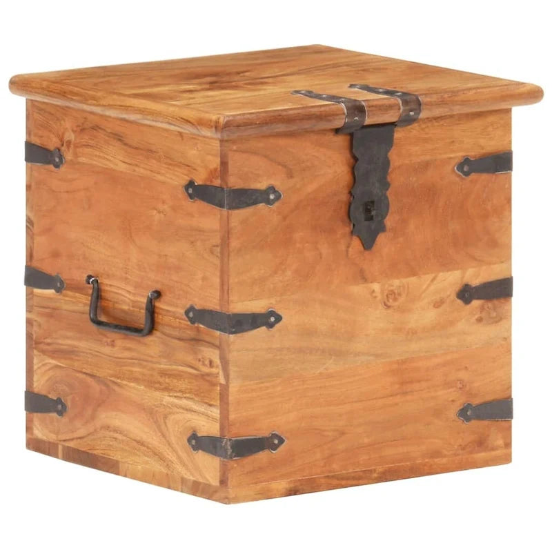 Baúl de almacenamiento de madera maciza de acacia con herrajes de hierro - cubo de 15.7 pulgadas
