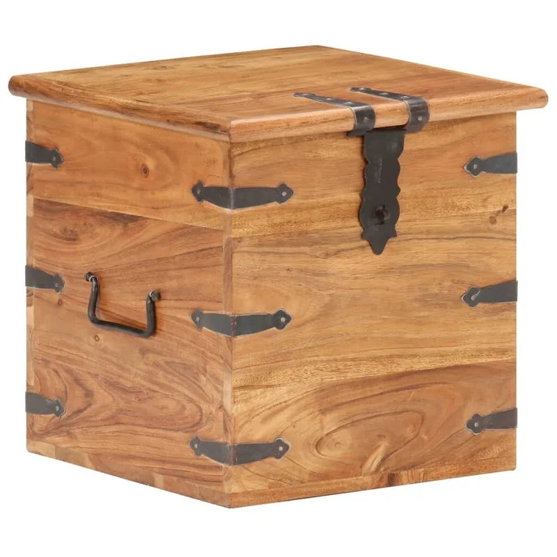 Baúl de almacenamiento de madera maciza de acacia con herrajes de hierro - cubo de 15.7 pulgadas